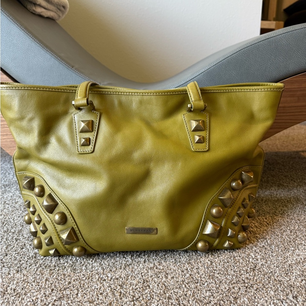 Green Studded Leather Tote with Double Handles
